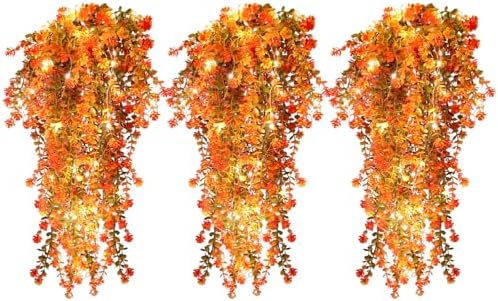 Fall Decor Artificial Flowers Faux Hanging Plants with Lights 3Pcs
