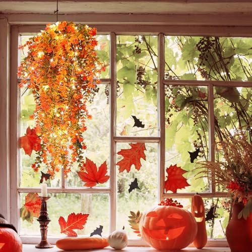Fall Decor Artificial Flowers Faux Hanging Plants with Lights 3Pcs, alternate view 2