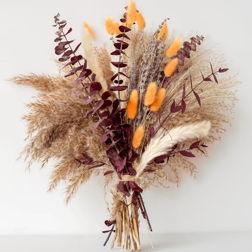 Fall Dried Flower Bouquet with Pampas Grass, Orange Bunny Tails, Lavender & Red Eucalyptus - Boho Fall Decor for