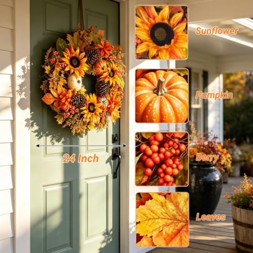 Fall Front Door Wreath 24 Inch Autumn Wreaths, alternate view 4