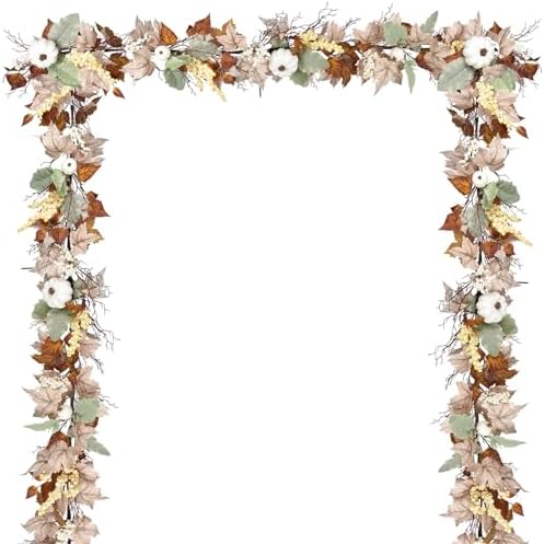 Fall Garland Maple Leaf, 5.9Ft Hanging Vine Garland White with Pumpkins and Berries Thanksgiving Decor for Home