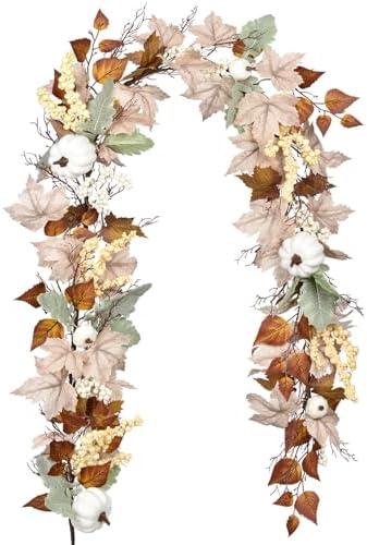 Fall Garland Maple Leaf, 5.9Ft Hanging Vine Garland White with Pumpkins and Berries Thanksgiving Decor for Home, alternate