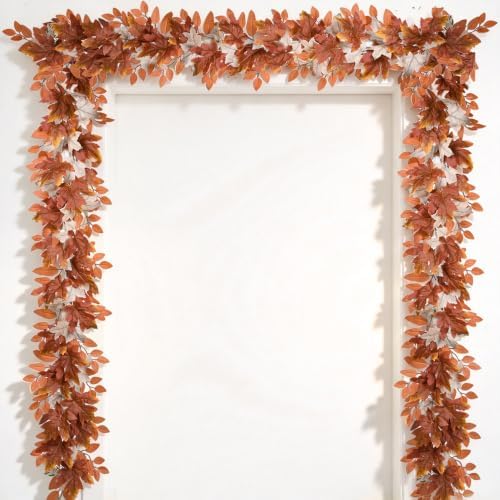 Fall Garland Maple Leaf, Orange&White, 5.9Ft/Piec Artificial Autumn Foliage Garland Thanksgiving Decor,2 Pack