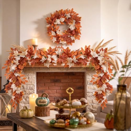 Fall Garland Maple Leaf, Orange&White, 5.9Ft/Piec Artificial Autumn Foliage Garland Thanksgiving Decor,2 Pack, alternate view