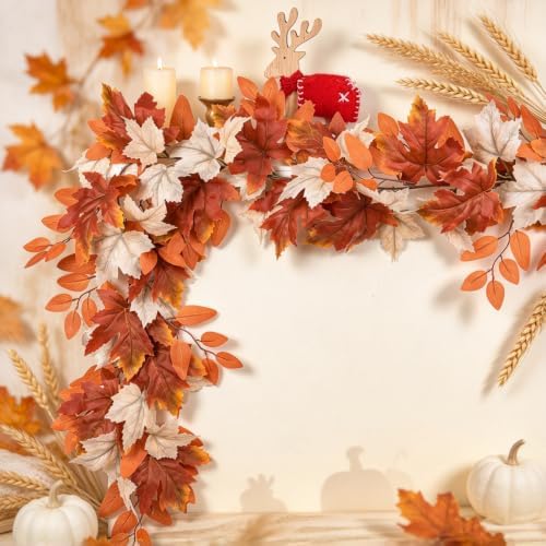 Fall Garland Maple Leaf, Orange&White, 5.9Ft/Piec Artificial Autumn Foliage Garland Thanksgiving Decor,2 Pack, alternate view