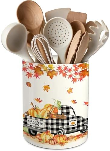 Fall Kitchen Decor, Ceramic Fall Truck Pumpkin Utensil Holder
