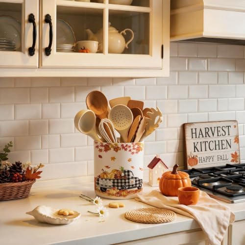 Fall Kitchen Decor, Ceramic Fall Truck Pumpkin Utensil Holder, alternate view 2