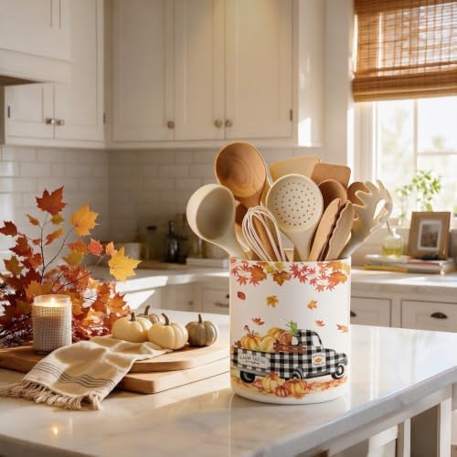 Fall Kitchen Decor, Ceramic Fall Truck Pumpkin Utensil Holder, alternate view 3