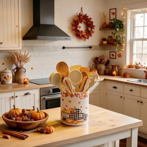 Fall Kitchen Decor, Ceramic Fall Truck Pumpkin Utensil Holder, alternate view 4