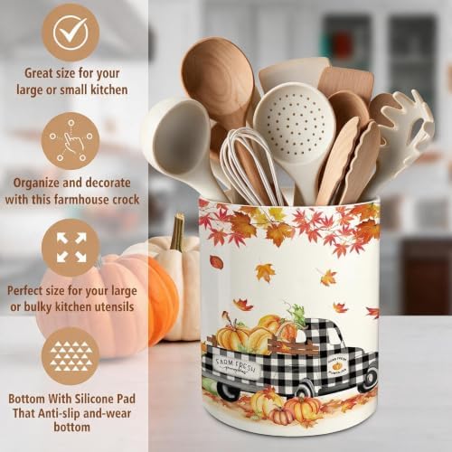 Fall Kitchen Decor, Ceramic Fall Truck Pumpkin Utensil Holder, alternate view 5