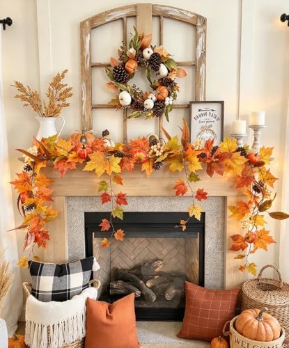 Fall Maple Leaves, 6ft Artificial Autumn Foliage Thanksgiving Decor for Home, Wedding, Fireplace, Party, alternate view 2