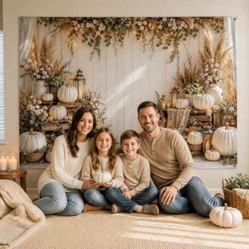 Fall Photography Backdrop Rustic Boho White Pumpkin Wooden Wall Thanksgiving Photo Background for Autumn Wedding, alternate