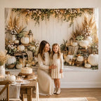Fall Photography Backdrop Rustic Boho White Pumpkin Wooden Wall Thanksgiving Photo Background for Autumn Wedding, alternate
