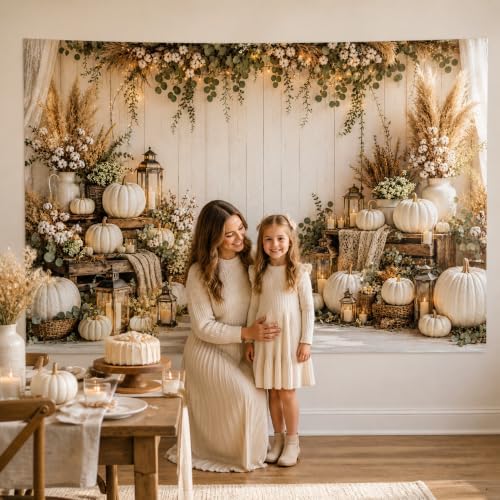 Fall Photography Backdrop Rustic Boho White Pumpkin Wooden Wall Thanksgiving Photo Background for Autumn Wedding, alternate