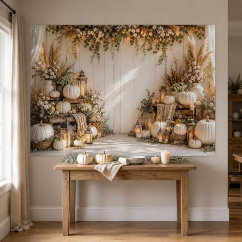 Fall Photography Backdrop Rustic Boho White Pumpkin Wooden Wall Thanksgiving Photo Background for Autumn Wedding, alternate