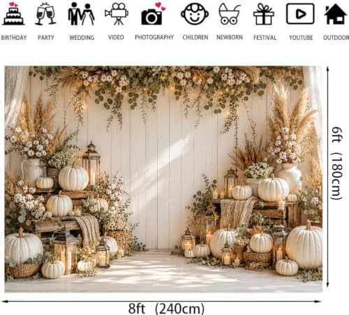 Fall Photography Backdrop Rustic Boho White Pumpkin Wooden Wall Thanksgiving Photo Background for Autumn Wedding, alternate