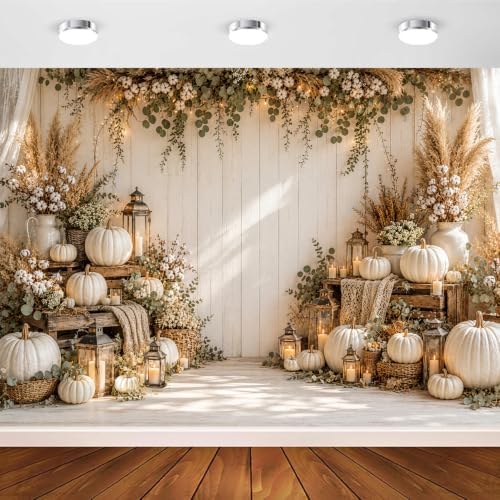 Fall Photography Backdrop Rustic Boho White Pumpkin Wooden Wall Thanksgiving Photo Background for Autumn Wedding, alternate