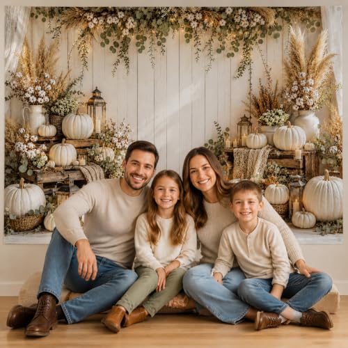 Fall Photography Backdrop Rustic Boho White Pumpkin Wooden Wall Thanksgiving Photo Background for Autumn Wedding, alternate