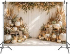 Fall Photography Backdrop Rustic Boho White Pumpkin Wooden Wall Thanksgiving Photo Background for Autumn Wedding, alternate