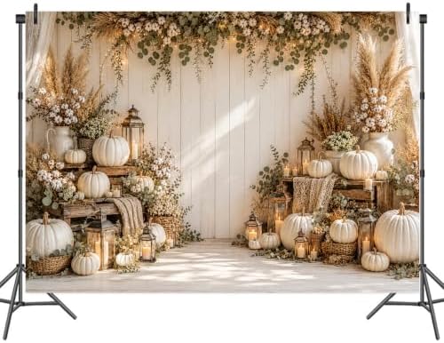 Fall Photography Backdrop Rustic Boho White Pumpkin Wooden Wall Thanksgiving Photo Background for Autumn Wedding, alternate
