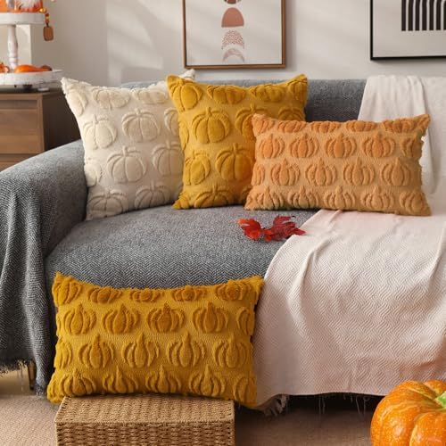 Fall Pillow Covers 12x20 2Pcs Yellow Pumpkin Fall Decoration for Home, alternate view 2