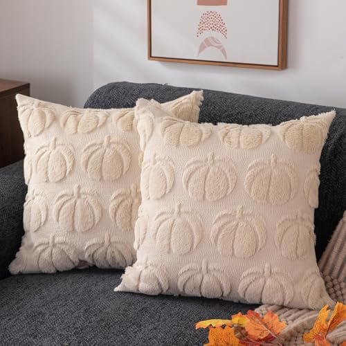 Fall Pillow Covers 18x18 2Pcs Beige Pumpkin Fall Decorations for Home