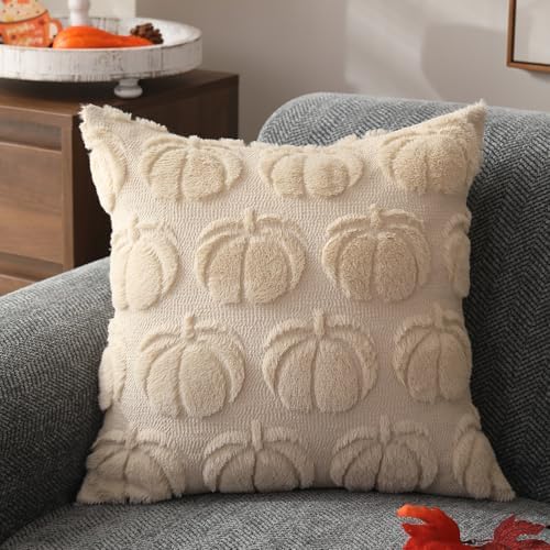 Fall Pillow Covers 18x18 2Pcs Beige Pumpkin Fall Decorations for Home, alternate view 2