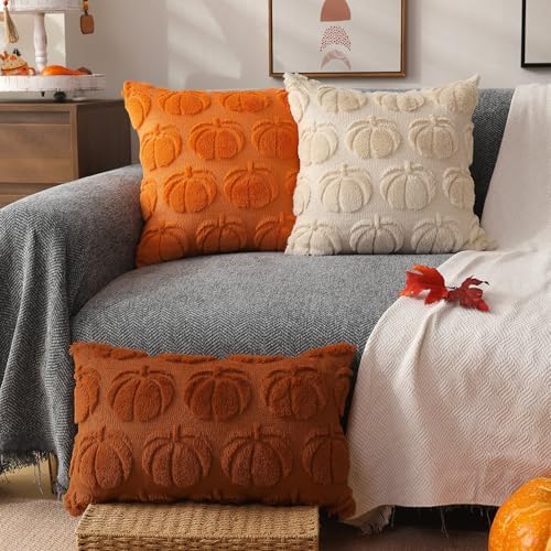 Fall Pillow Covers 18x18 2Pcs Beige Pumpkin Fall Decorations for Home, alternate view 4