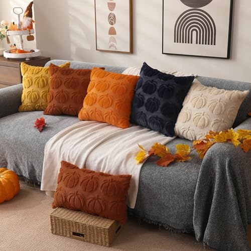 Fall Pillow Covers 18x18 2Pcs Beige Pumpkin Fall Decorations for Home, alternate view 5