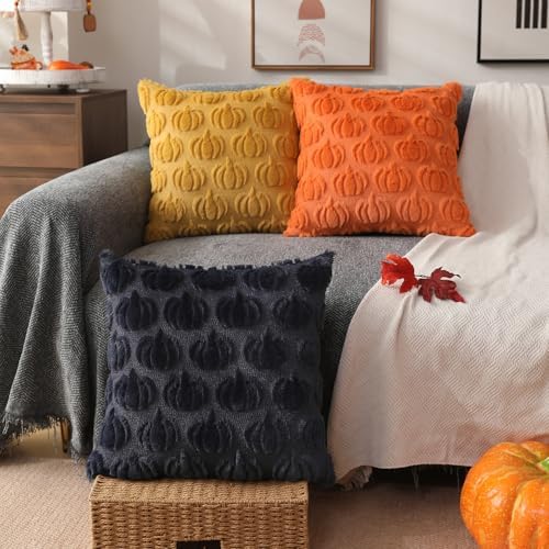 Fall Pillow Covers 18x18 2Pcs Navy Blue Pumpkin Fall Decorations, alternate view 2