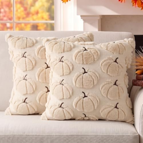 Fall Pillow Covers Pumpkin Fall Decor 16x16 Set of 2 Beige