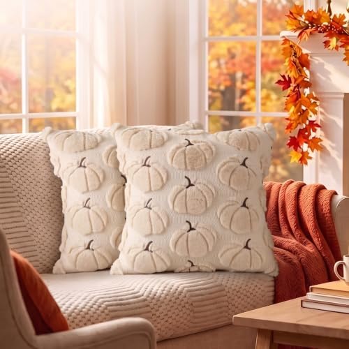 Fall Pillow Covers Pumpkin Fall Decor 16x16 Set of 2 Beige, alternate view 4