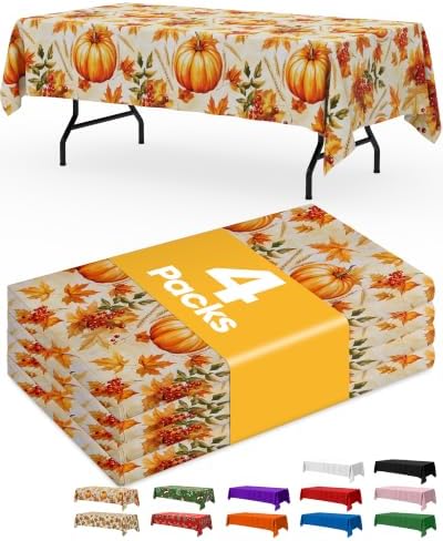 Fall Pumpkin Plastic Table Cloth Disposable, 4 Pack, 54 x 108 in