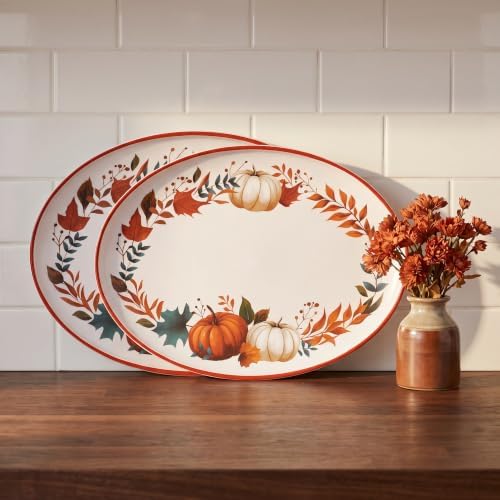 Fall Pumpkin Serving Platters Set of 2, 14 x 10.5 Inch Melamine in 14in in Pumpkin brown, alternate view 2