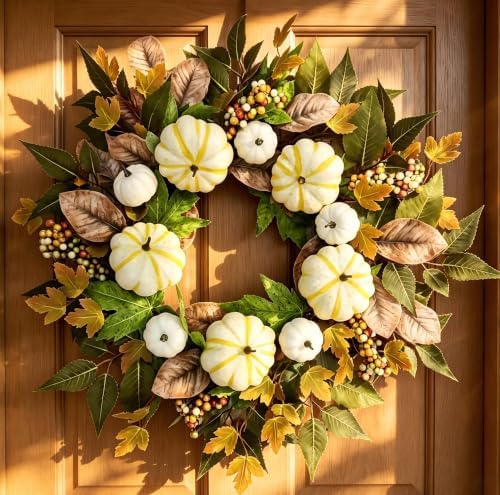 Fall Pumpkin Wreaths for Front Door, 24 Inch Harvest Autumn Wreaths