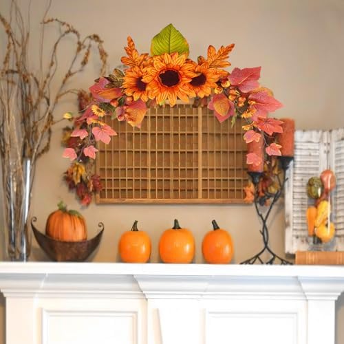 Fall Swag Artificial Flowers for Autumn Decoration Orange Artificial Sunflowers Maple Leaf Hanging Floral Swag, alternate