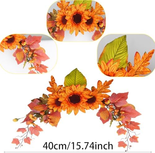 Fall Swag Artificial Flowers for Autumn Decoration Orange Artificial Sunflowers Maple Leaf Hanging Floral Swag, alternate