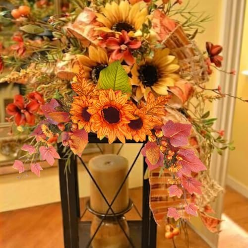 Fall Swag Artificial Flowers for Autumn Decoration Orange Artificial Sunflowers Maple Leaf Hanging Floral Swag, alternate