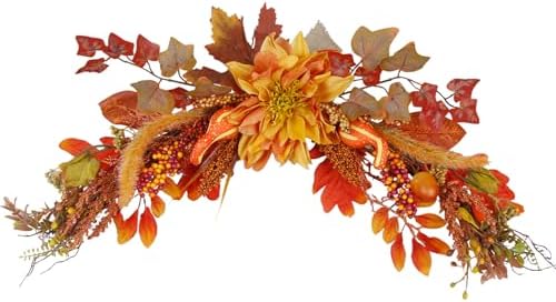 Fall Swag Wreaths for Front Door Artificial Dahlia Flowers Orange Floral Swag Autumn Pumpkins Berries Maple Leaf