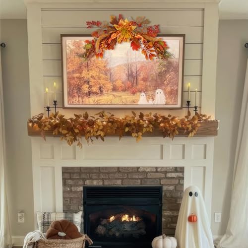 Fall Swag Wreaths for Front Door Artificial Dahlia Flowers Orange Floral Swag Autumn Pumpkins Berries Maple Leaf, alternate