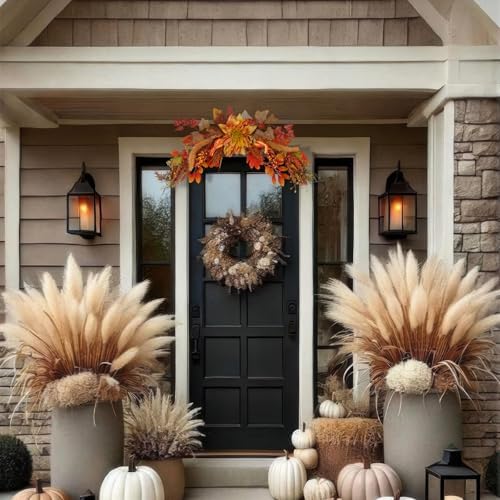 Fall Swag Wreaths for Front Door Artificial Dahlia Flowers Orange Floral Swag Autumn Pumpkins Berries Maple Leaf, alternate