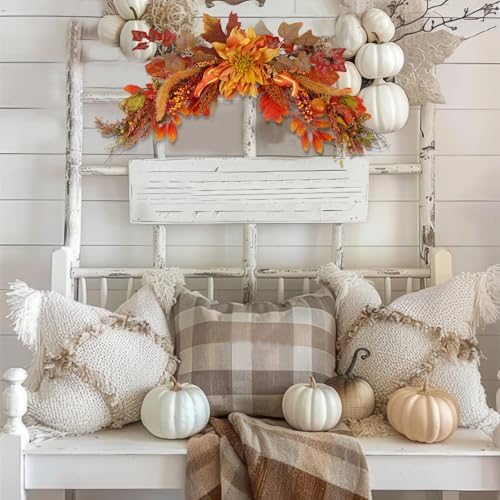 Fall Swag Wreaths for Front Door Artificial Dahlia Flowers Orange Floral Swag Autumn Pumpkins Berries Maple Leaf, alternate