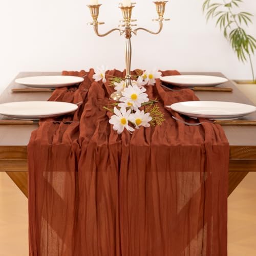 Fall Table Runner Terracotta Cheesecloth Boho Wedding Thanksgiving Decor, alternate view 5
