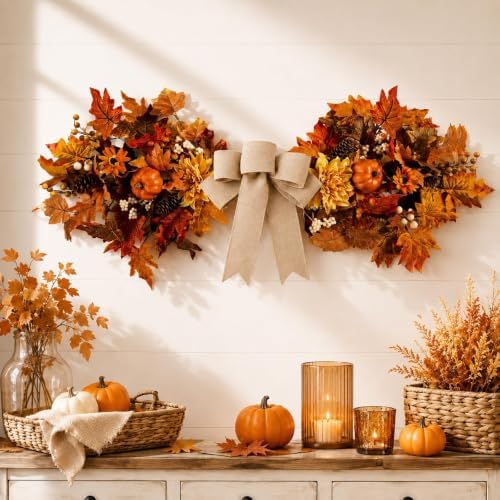 Fall Teardrop Swag Wreath for Front Door with Bow Autumn Table Centerpiece, alternate view 2