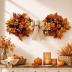 Fall Teardrop Swag Wreath for Front Door with Bow Autumn Table Centerpiece, alternate view 2