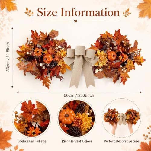 Fall Teardrop Swag Wreath for Front Door with Bow Autumn Table Centerpiece, alternate view 3