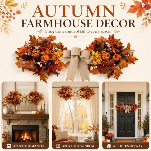 Fall Teardrop Swag Wreath for Front Door with Bow Autumn Table Centerpiece, alternate view 5