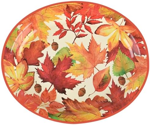 Fall Thanksgiving Maple Leaves Disposable Oval Paper Party Plates in 10 x 12 inch in orange, dark red, green