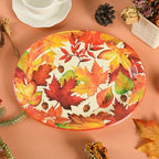 Fall Thanksgiving Maple Leaves Disposable Oval Paper Party Plates in 10 x 12 inch in orange, dark red, green, alternate view