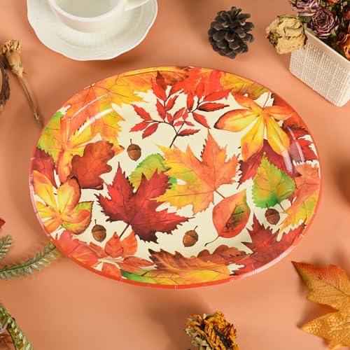 Fall Thanksgiving Maple Leaves Disposable Oval Paper Party Plates in 10 x 12 inch in orange, dark red, green, alternate view